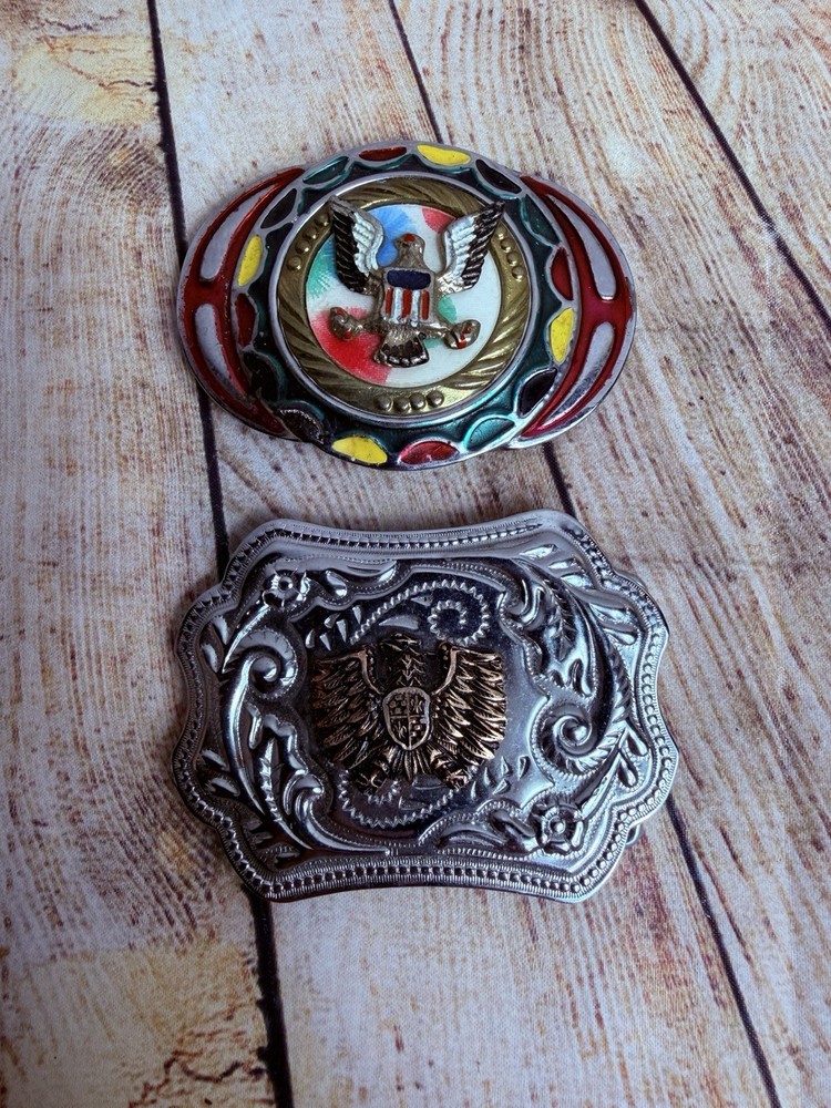Pair Of Silver Metal Belt Buckles Eagle Seal Embossed Western Thunderbird Paint