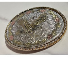 Vintage Western Eagle Floral Belt Buckle Tri-Tone Gold Silver Rose Made in USA
