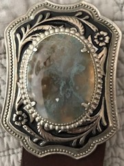 VINTAGE Leather BELT & BUCKLE SILVER tooled BUCKLE large POLISHED Jasper STONE