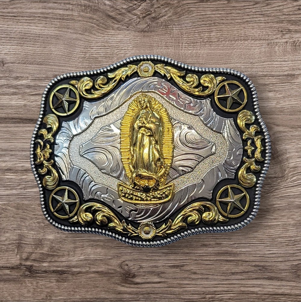 Cowboy Belt Buckle – Virgen Mary and 4 Stars 4.25&Prime;x3.25&Prime; Silver/Black/Gold
