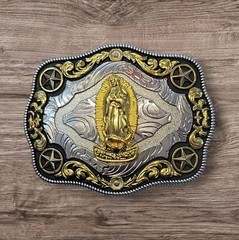 Cowboy Belt Buckle – Virgen Mary and 4 Stars 4.25&Prime;x3.25&Prime; Silver/Black/Gold