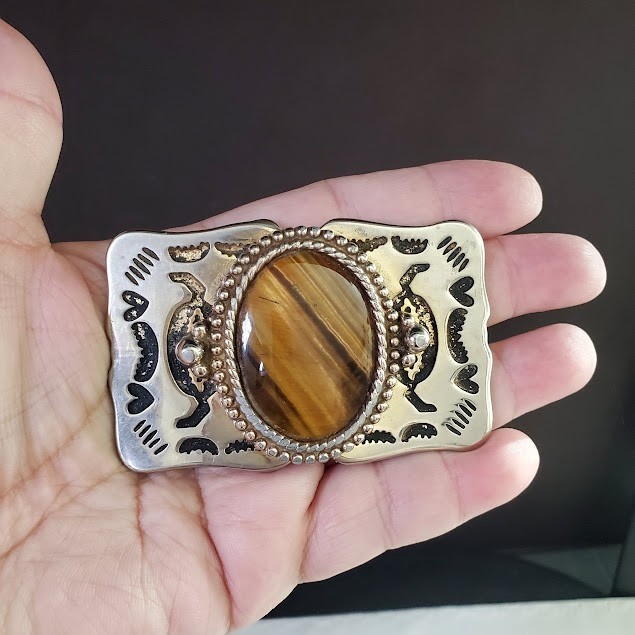 Vintage Southwestern Silver Tone Tigers Eye Belt Buckle Etched Design Cowboy