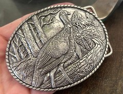Silver Turkey Belt Buckle Engraved Hunting Scene Made in USA Western Cowboy