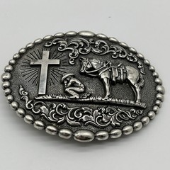 Nocona Western Belt Buckle Cowboy Man at Cross Praying Silver 37374