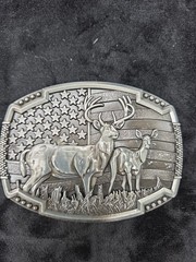 American Flag Deer Hunting Belt Buckle – Buck & Doe, Antique Silver Western