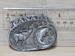 Vintage C&J CANADA Wildlife Elk Salmon Belt Buckle Silver Tone Pewter 1985