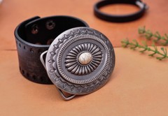 Huge Vintage Southeast Fashion Floral Turquoise Leather Belt Buckle Beige Bead
