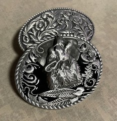 Set of 2 Landsun Western Belt Buckles, Howling Wolf And Floral Design NWB