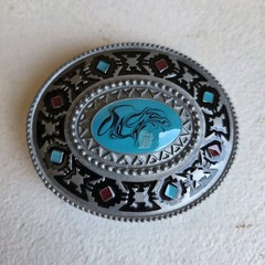 Bergamot C-257 Oval Western Belt Buckle Turquoise Enamel Bull Head Fits 1.5&Prime;