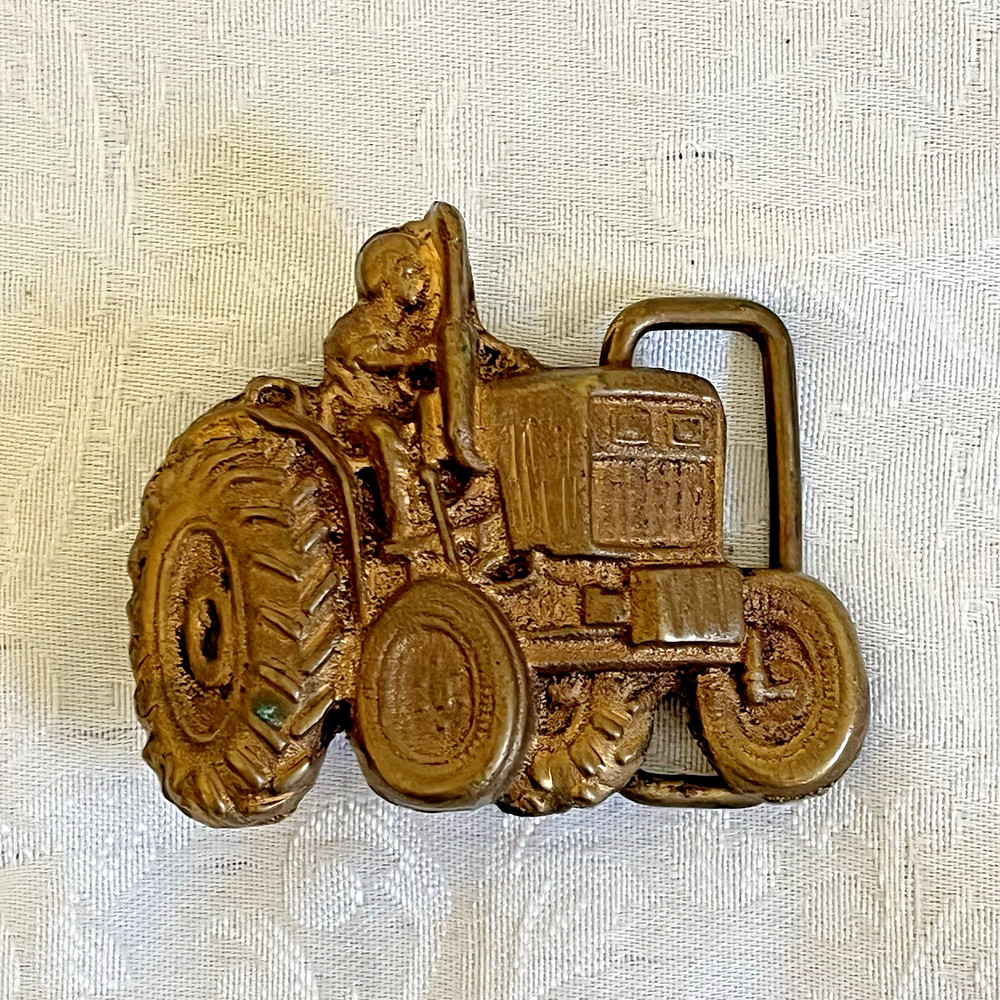 Vintage Tractor Belt Buckle Farmer Bronze Tone Western Farm Farmer Scene 3” x 2”