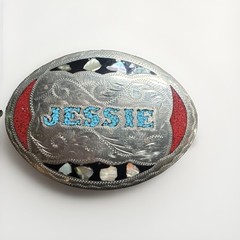 Vintage Western Oval Engraved Floral Belt Buckle w/ Inlay, “JESSIE” Fits 1.5 in