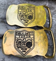 Vintage YUKON Public Safety Solid Brass Belt Buckle Police Fire Badge 2×3”