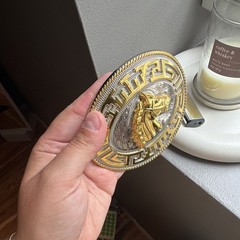 Men&rsquo;s Western Oval Belt Buckle Gold Silver Horse Head Greek Key 1.5 in