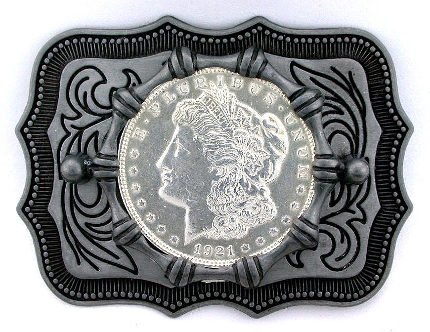 Pewter Silver Southwest Western 1921 Morgan Silver Dollar Belt Buckle EPBB104