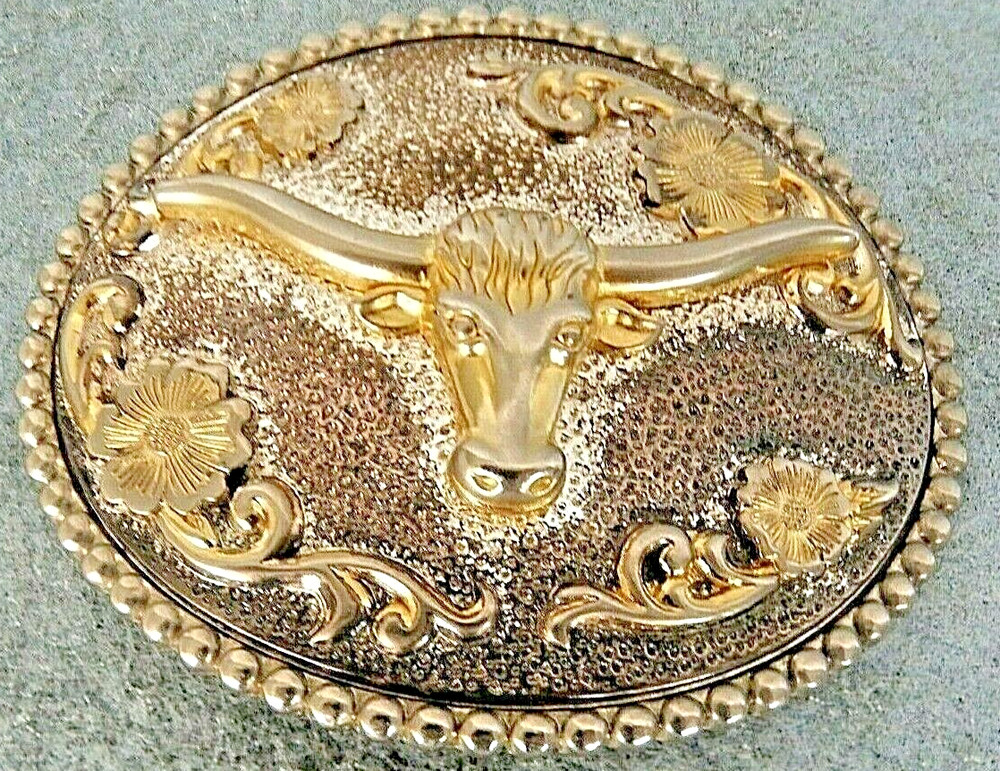 Longhorn Steer Head Western Belt Buckle Silver/Gold Tone Metal Floral Accents