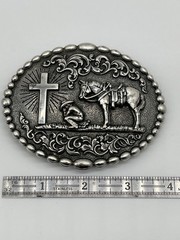 Nocona Western Belt Buckle Cowboy Man at Cross Praying Silver 37374