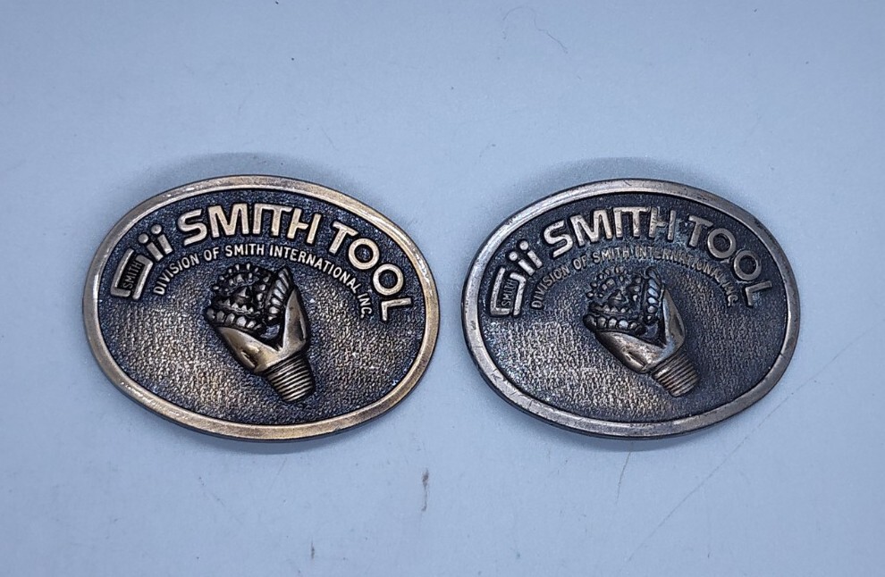 Vintage SMITH TOOL Solid Brass Belt Buckle Heavy Raised Drill Bit Lot Of 2