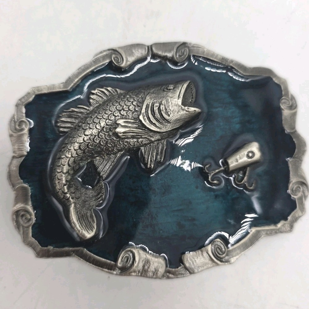Fishing Bass Fish Lure Belt Buckle Mens Blue Enamel Western Rectangular Metal