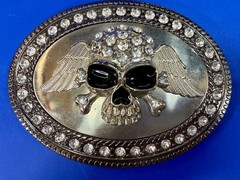Skull Wings Crossbones with Clear Rhinestone Halloween Gothic LARGE Belt Buckle