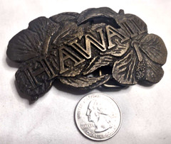 Belt Buckle Cast Brass HAWAII Red Hibiscus State Flower Dix Leather Co Denver CO