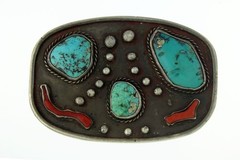 Zuni Navajo Native American Morenci Sterling Silver Turquoise Coral Belt Buckle