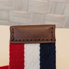 Polo Ralph Lauren Striped Canvas Leather Belt Script Logo Buckle Red White Blue