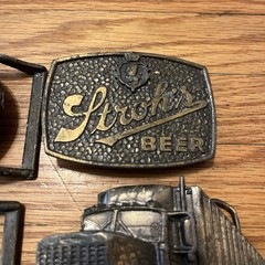 5 Vintage Brass Belt Buckles Levi’s Chevrolet Strohs Semi Trucking Made In USA