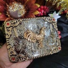 Rooster Western Belt Buckle Rose Tone And Silver Rare Piece With Red Stones