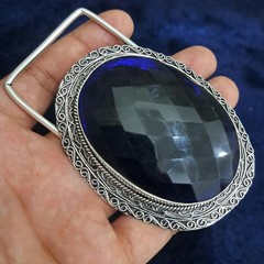 Blue Faceted Glass Gemstone Belt Buckle Handmade Vintage Style Silver Tone