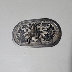 Vintage Mens Solver Tone Belt Buckle Etched Floral Raised Cowboy On Horse