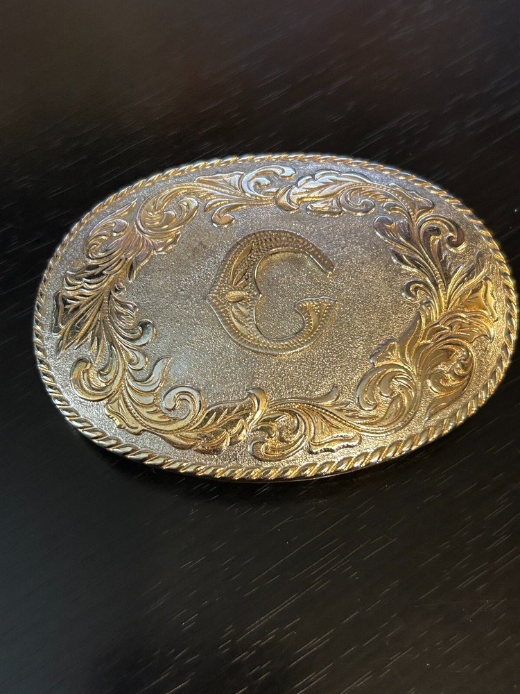 Vintage Collectible Initial Metal Two Tone Swirls Belt Buckle