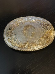 Vintage Collectible Initial Metal Two Tone Swirls Belt Buckle