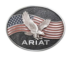 ARIAT Men&rsquo;s Antique Silver and Black Oval Belt Buckle with Eagle and Flag