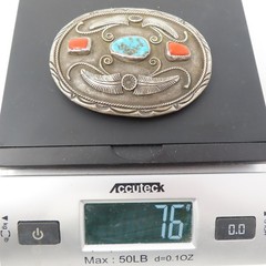 Al Joe Navajo Sterling Silver Turquoise Coral Belt Buckle Signed Artisan 76g