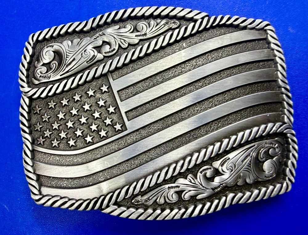 Waving American Flag Patriotic Silver Color Rope Border Western NOS Belt Buckle