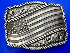 Waving American Flag Patriotic Silver Color Rope Border Western NOS Belt Buckle