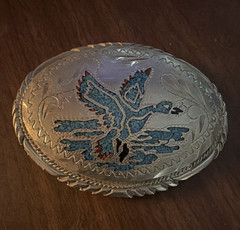 Silver Tone Western Eagle Plate Belt Buckle Blue Inlay Engraved Textured 1.5&Prime;