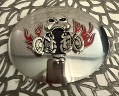 Men&rsquo;s Oval Glossy Metal Belt Buckle Skull Flames Motorcycle Western 1.5in