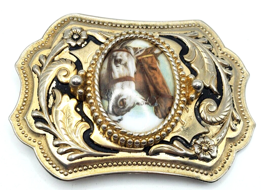 Vintage Two Horse Head Cameo Belt Buckle Equestrian Racing