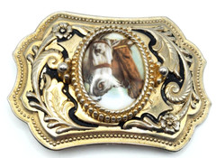 Vintage Two Horse Head Cameo Belt Buckle Equestrian Racing