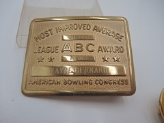 Vintage ABC Bowling Award Brass Belt Buckle Most Improved Average + 2 pinbacks