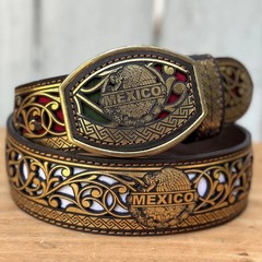Genuine Laser Cut Leather Mexico Western Belt with Removable Buckle – Gold