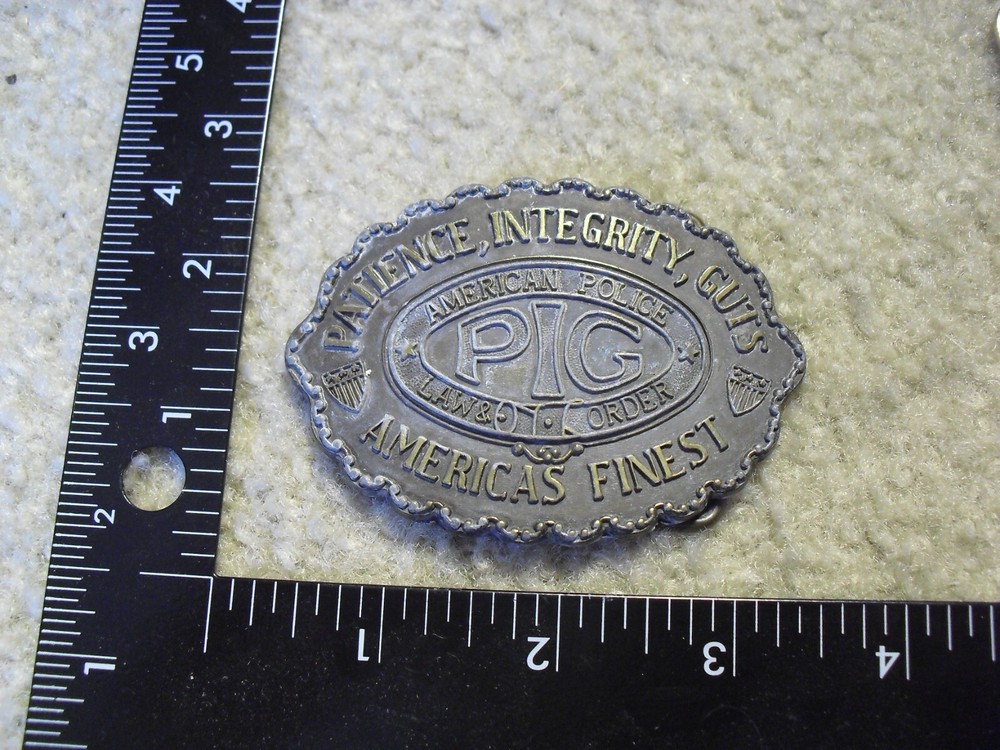 Vintage Brass American Police Patience Integrity Guts Belt Buckle 3 1/4&Prime; Wide