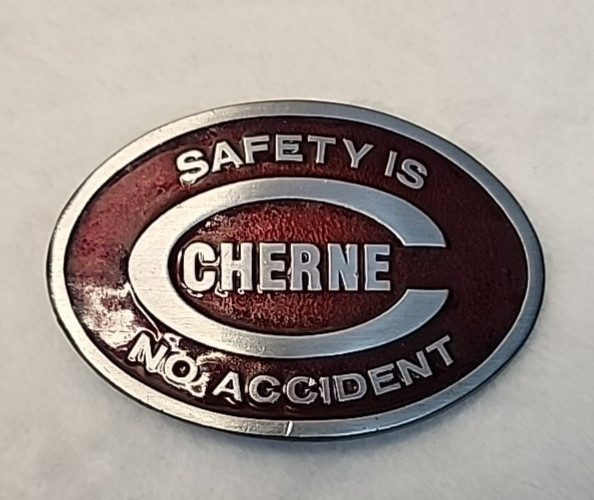 Vintage Cherne Safety Is No Accident Belt Buckle R&M USA Red Enamel