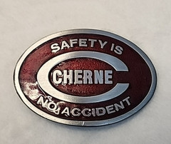 Vintage Cherne Safety Is No Accident Belt Buckle R&M USA Red Enamel
