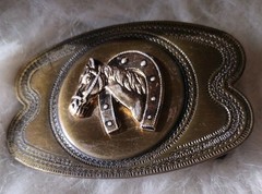 Vtg Horse Head Belt Buckle With Horseshoe Collar Brass Tone Japan