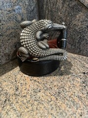 Huge Kieselstein-Cord Sterling Alligator Buckle With Black Lizard Belt Size 1