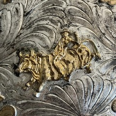 Vintage Silver & Gold OVERSIZED &lsquo;BULL RIDER&rsquo; BELT BUCKLE w/ Gold rope trim West