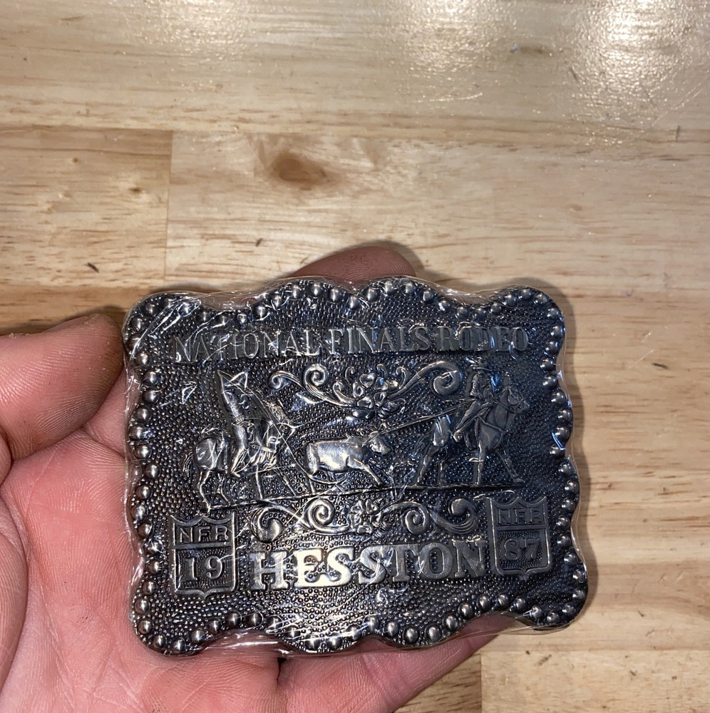 Hesston Vintage Rodeo Belt Buckle 1987 METAL Original Wrap National Finals NFR
