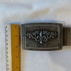 Fleur de Lis reversible pewter type belt buckle. Monogram M on the reverse side
